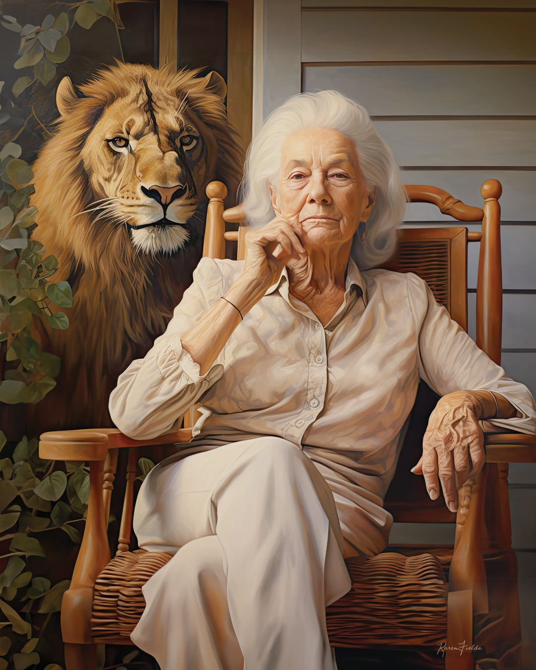 Image of woman on porch, sitting next to an adult male lion.